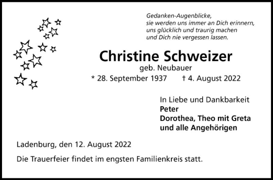 Traueranzeige von Christine Schweizer von Mannheimer Morgen