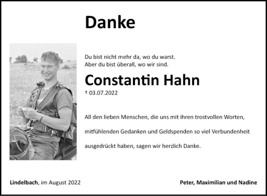 Traueranzeige von Constantin Hahn von Fränkische Nachrichten