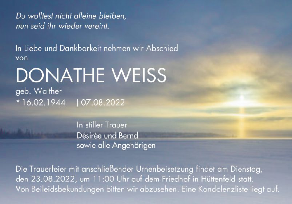  Traueranzeige für Donathe Weiss vom 20.08.2022 aus Mannheimer Morgen