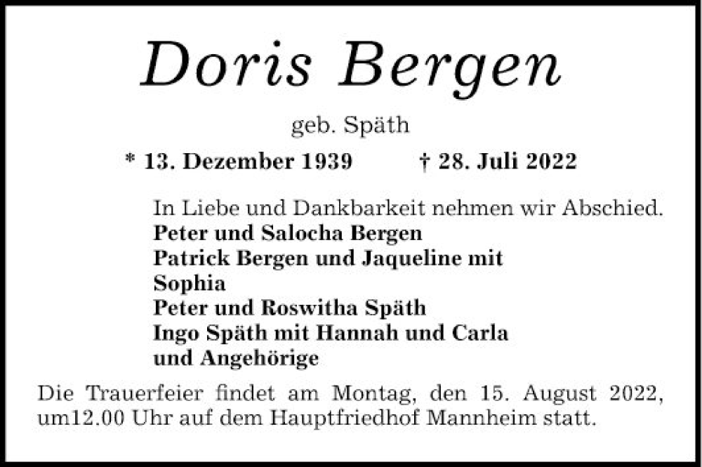  Traueranzeige für Doris Bergen vom 06.08.2022 aus Mannheimer Morgen