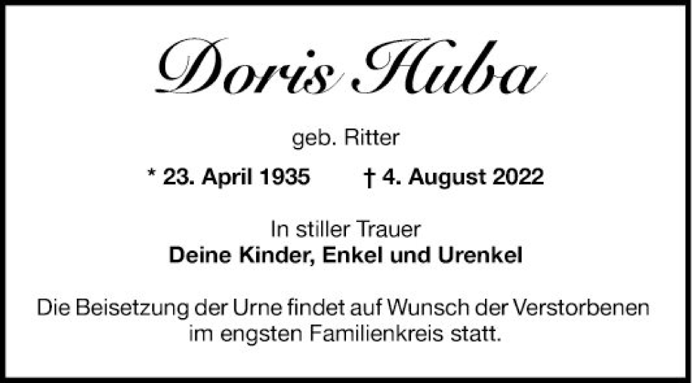  Traueranzeige fÃ¼r Doris Huba vom 06.08.2022 aus Mannheimer Morgen