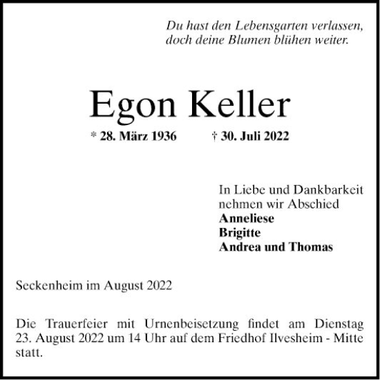 Traueranzeige von Egon Keller von Mannheimer Morgen