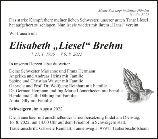 Traueranzeige von Elisabeth Brehm von Fränkische Nachrichten