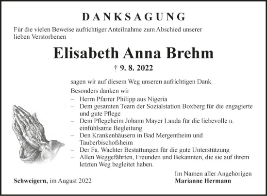 Traueranzeige von Elisabeth Anna Brehm von Fränkische Nachrichten