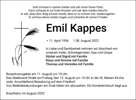 Traueranzeige von Emil Kappes von Fränkische Nachrichten