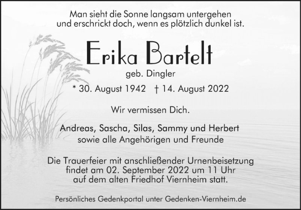  Traueranzeige für Erika Bartelt vom 27.08.2022 aus Mannheimer Morgen