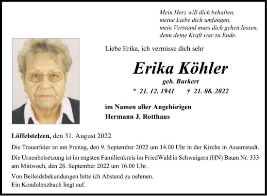 Traueranzeige von Erika Köhler von Fränkische Nachrichten