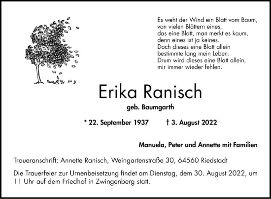 Traueranzeige von Erika Ranisch von Bergsträßer Anzeiger