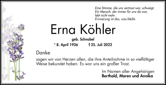 Traueranzeige von Erna Köhler von Schwetzinger Zeitung