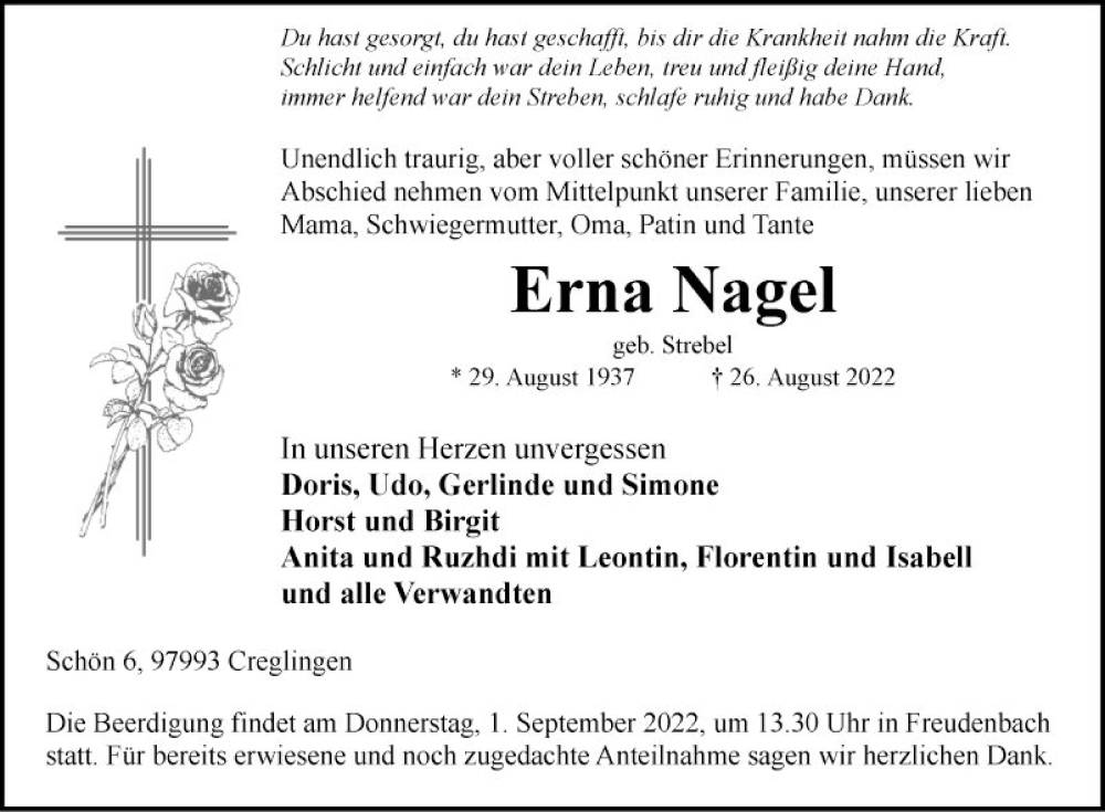  Traueranzeige für Erna Nagel vom 30.08.2022 aus Fränkische Nachrichten