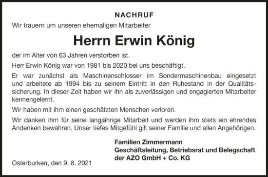 Traueranzeige von Erwin König von Fränkische Nachrichten