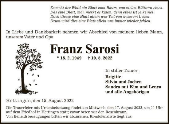 Traueranzeige von Franz Sarosi von Fränkische Nachrichten