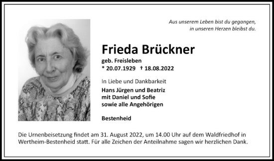 Traueranzeige von Frieda Brückner von Fränkische Nachrichten