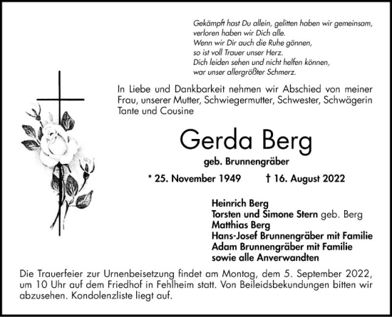 Traueranzeige von Gerda Berg von Bergsträßer Anzeiger