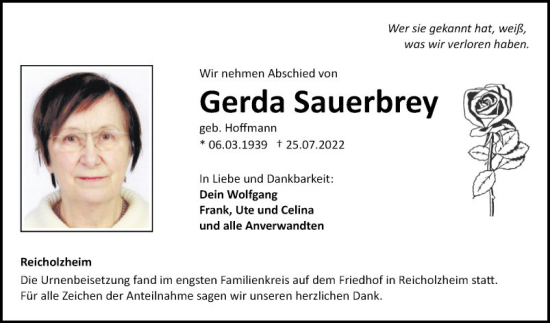 Traueranzeige von Gerda Sauerbrey von Fränkische Nachrichten