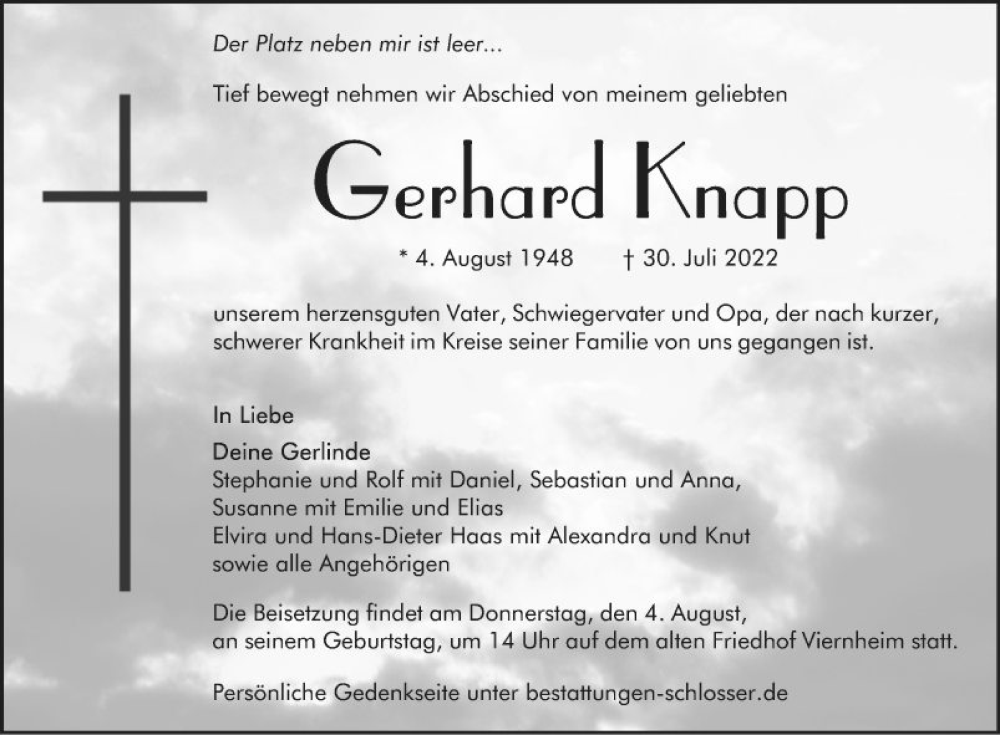  Traueranzeige für Gerhard Knapp vom 02.08.2022 aus Mannheimer Morgen