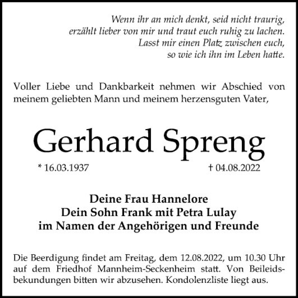 Traueranzeige für Gerhard Spreng vom 06.08.2022 aus Mannheimer Morgen