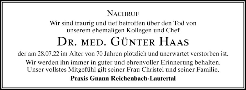  Traueranzeige für Günter Haas vom 13.08.2022 aus Bergsträßer Anzeiger