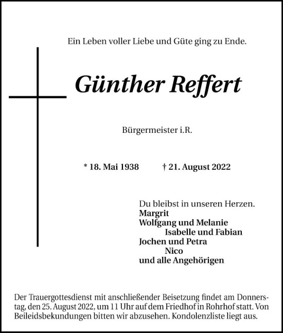 Traueranzeige von Günther Reffert von Schwetzinger Zeitung