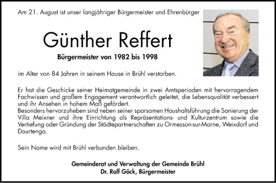 Traueranzeige von Günther Reffert von Schwetzinger Zeitung