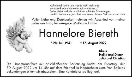 Traueranzeige von Hannelore Biereth von Mannheimer Morgen