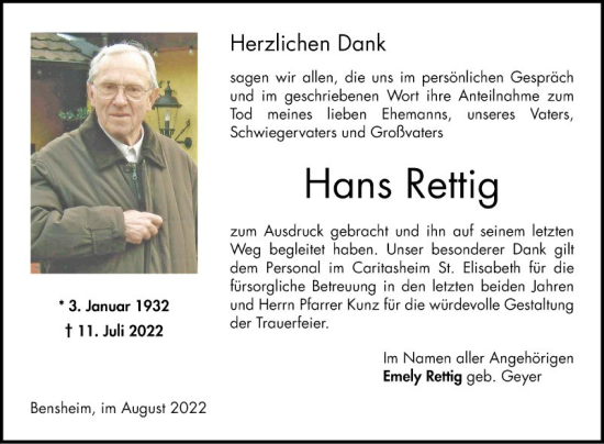 Traueranzeige von Hans Rettig von Bergsträßer Anzeiger