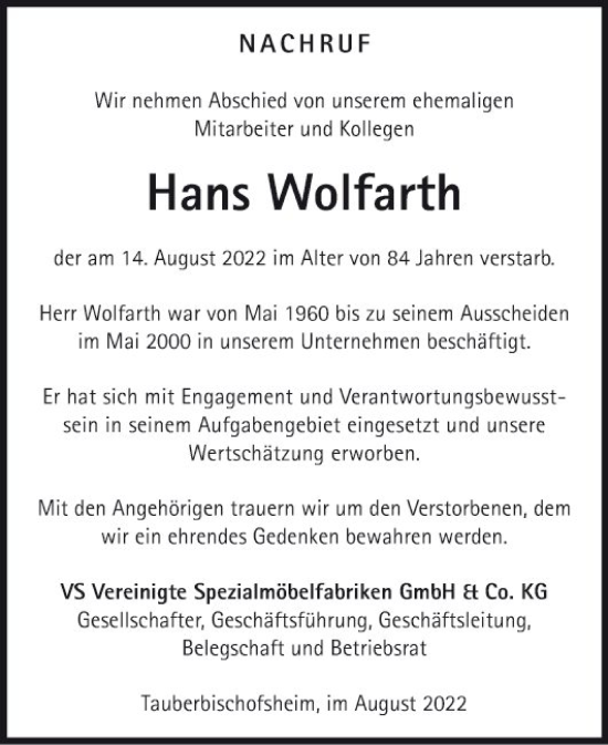 Traueranzeige von Hans Wolfarth von Fränkische Nachrichten