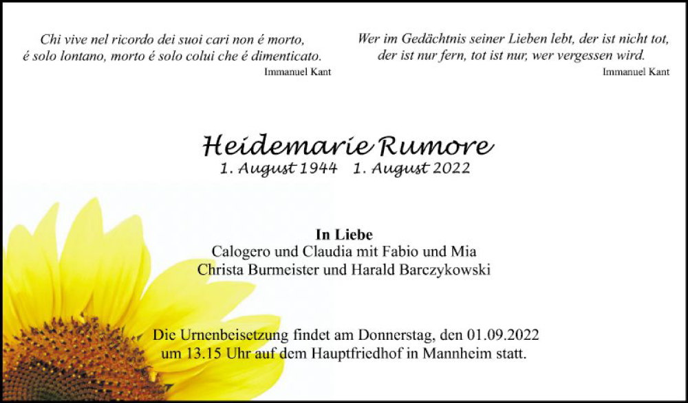  Traueranzeige für Heidemarie Rumore vom 06.08.2022 aus Mannheimer Morgen