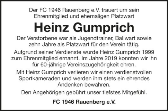 Traueranzeige von Heinz Gumprich von Fränkische Nachrichten