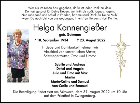 Traueranzeige von Helga Kannengießer von Bergsträßer Anzeiger