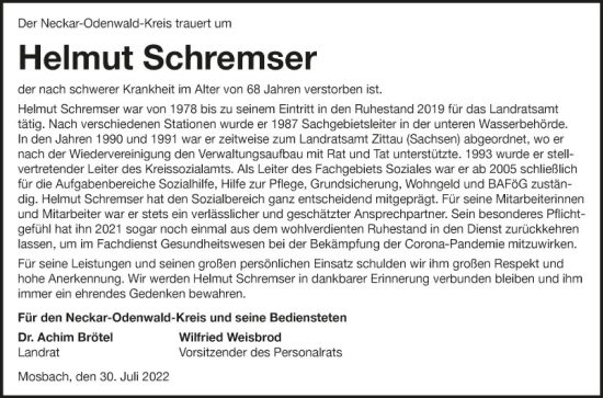 Traueranzeige von Helmut Schremser von Fränkische Nachrichten