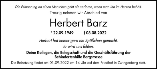 Traueranzeige von Herbert Barz von Bergsträßer Anzeiger