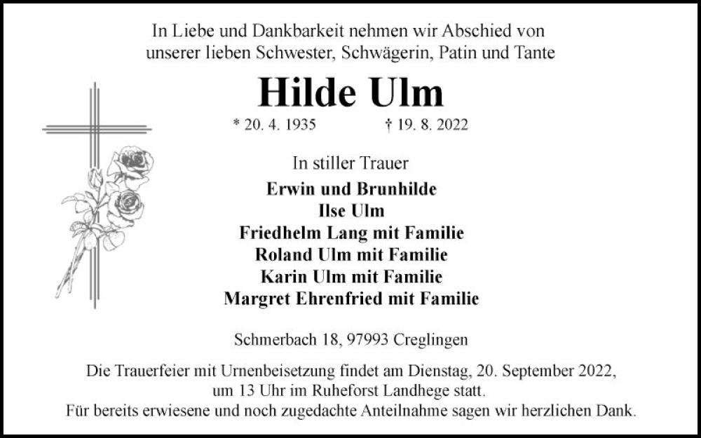  Traueranzeige für Hilde Ulm vom 25.08.2022 aus Fränkische Nachrichten