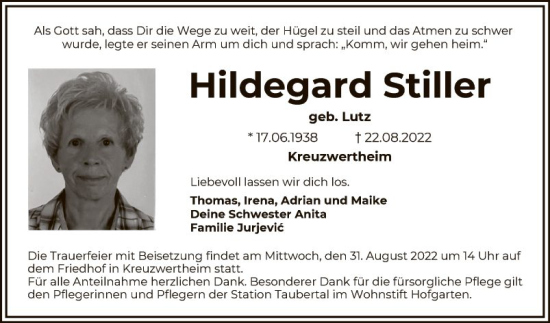 Traueranzeige von Hildegard Stiller von Fränkische Nachrichten