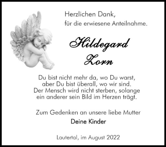 Traueranzeige von Hildegard Zorn von Bergsträßer Anzeiger