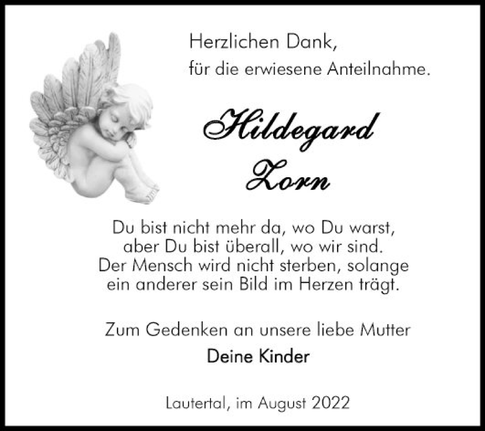  Traueranzeige für Hildegard Zorn vom 06.08.2022 aus Bergsträßer Anzeiger