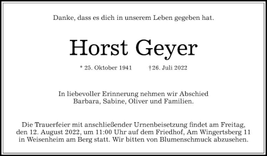 Traueranzeige von Horst Geyer von Mannheimer Morgen