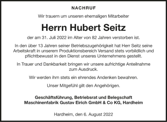 Traueranzeige von Hubert Seitz von Fränkische Nachrichten