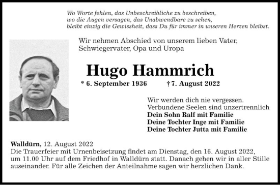 Traueranzeige von Hugo Hammrich von Fränkische Nachrichten