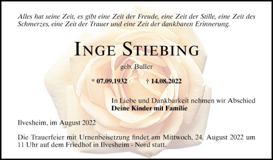 Traueranzeige von Inge Stiebing von Mannheimer Morgen