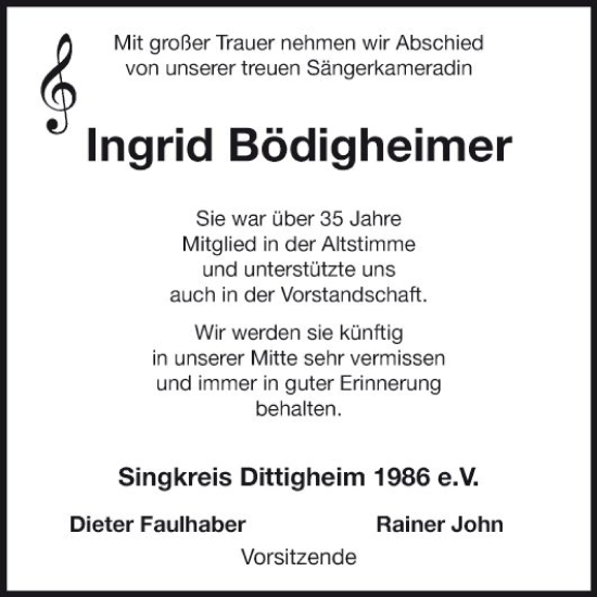 Traueranzeige von Ingrid Bödigheimer von Fränkische Nachrichten