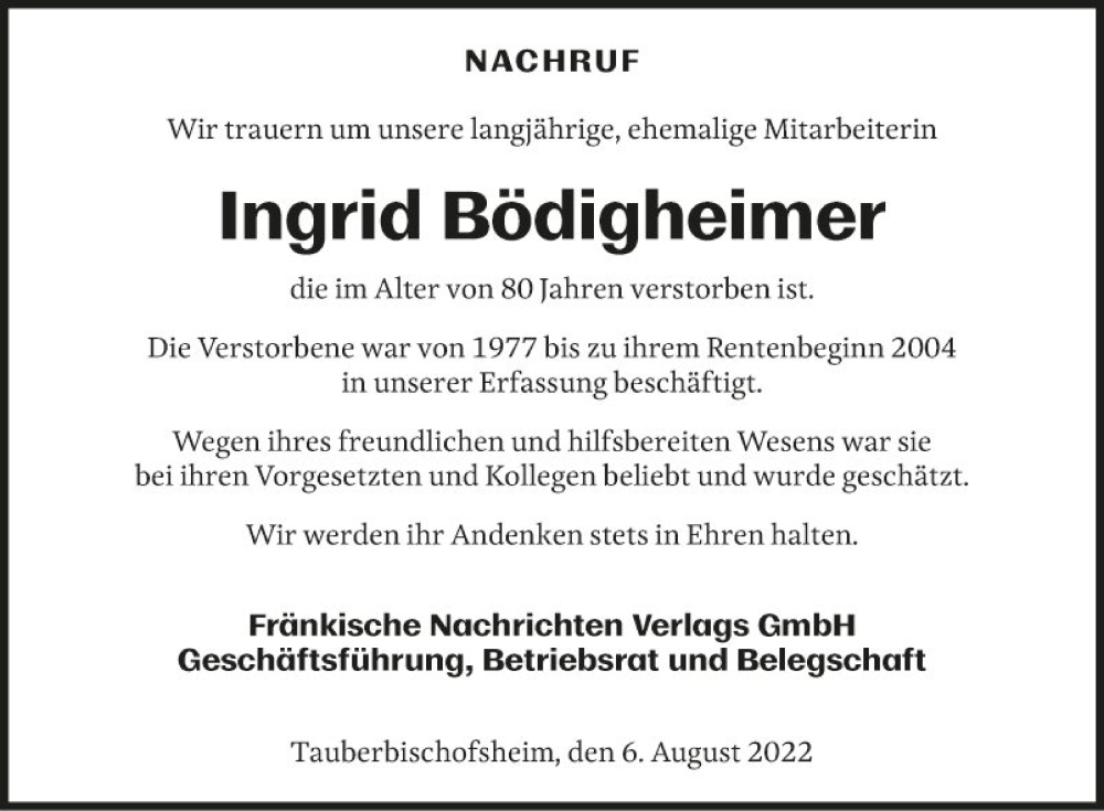  Traueranzeige für Ingrid Bödigheimer vom 06.08.2022 aus Fränkische Nachrichten