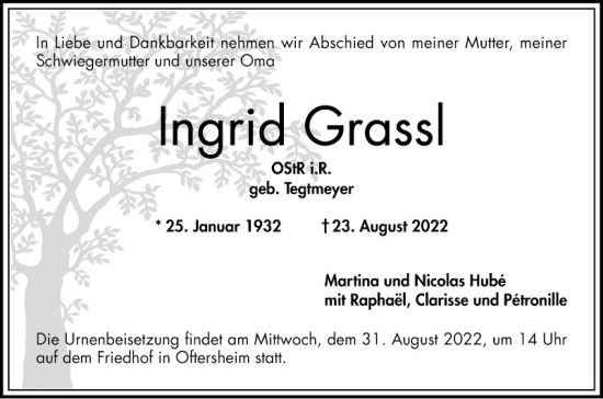 Traueranzeige von Ingrid Grassl von Schwetzinger Zeitung