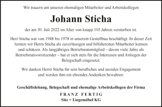 Traueranzeige von Johann Sticha von Fränkische Nachrichten