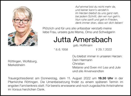 Traueranzeige von Jutta Amersbach von Fränkische Nachrichten