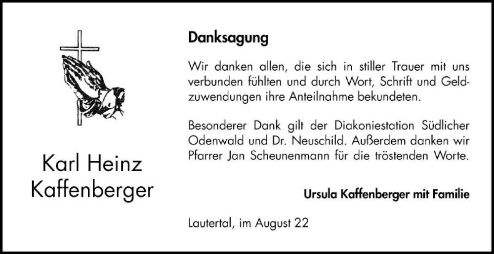  Traueranzeige für Karl Heinz Kaffenberger vom 27.08.2022 aus Bergsträßer Anzeiger