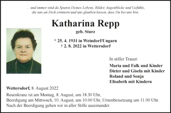 Traueranzeige von Katharina Repp von Fränkische Nachrichten