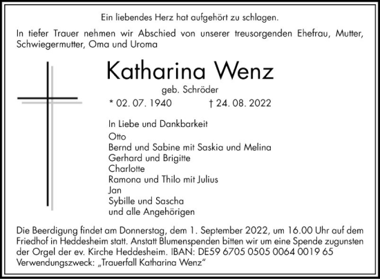 Traueranzeige von Katharina Wenz von Mannheimer Morgen