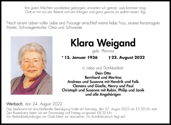 Traueranzeige von Klara Weigand von Fränkische Nachrichten