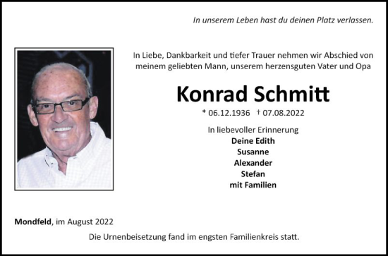 Traueranzeige von Konrad Schmitt von Fränkische Nachrichten